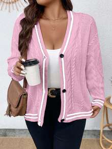 EURMUSE 大码女式扭纹图案长袖单排扣针织开衫 - 淺粉色 - 查看 3