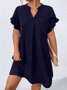 EURMUSE Plus Size Women's Solid Color V-Neck Ruffle Sleeve Casual Loose Dress - Navy Blue - View 1