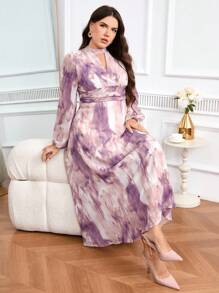 Modelyn Plus Size Women's Tie-Dye Print Keyhole Neck Lantern Sleeve Elegant Dress