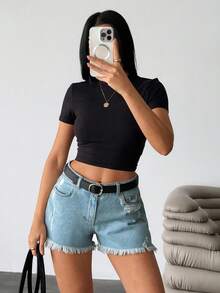 EURMUSE Low Waist Ripped Snow Wash Denim Short - Medium Wash - View 3
