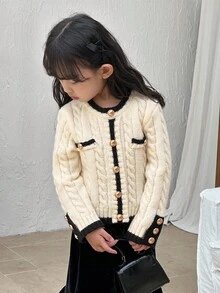 DAZY Cárdigan de cuello redondo con trenzado frontal de estilo coreano de punto de cable para niña, otoño e invierno - Blanco - Ver 10