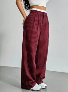 SHEIN EZwear Wine Red Contrast Color Straight Leg Pants, Plus Size - Burgundy - View 1