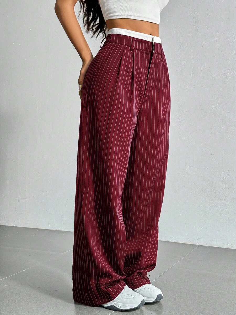 SHEIN EZwear Wine Red Contrast Color Straight Leg Pants, Plus Size - Burgundy - View 1