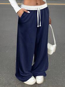SHEIN Teen Girls Navy Blue Patchwork Waistband Drawstring Wide Leg Vintage Sports College Style Casual Sweatpants