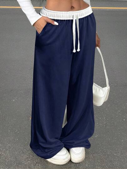 SHEIN Teen Girls Navy Blue Patchwork Waistband Drawstring Wide Leg Vintage Sports College Style Casual Sweatpants