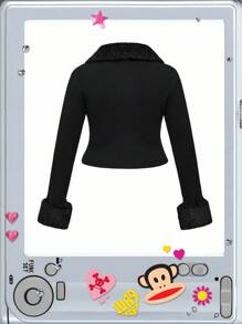 Paul Frank X ROMWE 加大码字母水钻装饰女式紧身撞色仿毛领开衫 - 黑色 - 查看 3