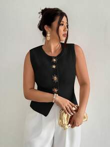 Firerie Plus Size Women Metal Sun Decor Ribbed Casual Knit Vest In Fall/Winter - Black - View 8