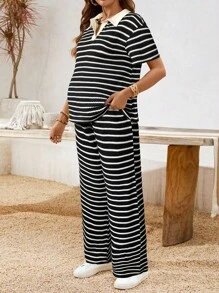 Boho Mama 2 piezas Conjunto de top de manga corta y pantalones a rayas casual de maternidad - Blanco y Negro - Ver 4
