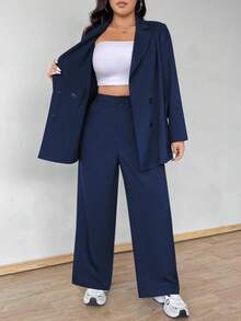 Vionelle 大码休闲通勤纯色双排扣夹克和裤子套装 - 藏蓝色 - 查看 7