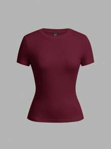 SHEIN EZwear 2pcs/Set Basic Crew Neck Short Sleeve T-Shirts, Black & Burgundy, Casual & Minimalist, Suitable For Spring/Summer - Multicolor - View 8