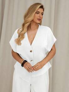 Auralis Plus Size Women's Solid Color Metal Single-Breasted Batwing Sleeve Fashionable Blouse - White - View 3