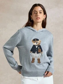 Briarwyn 秋冬装老款女装卡通熊图案长袖休闲宽松连帽毛衣，返校季运动服，复古女装，保暖毛衣 - 灰色 - 查看 3