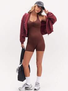 Eassivo Eassivo Women's Brown Halter Neck Ruched Bodysuit,Running Fitness Yoga Exercise Jumpsuit - Coffee Brown - View 9