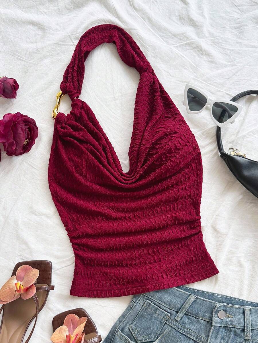 Soleia 女式纹理针织垂坠领金属肩带宽松衬衫，适合派对、圣诞节、约会、夜总会、海滩、游轮、下午茶、波西米亚风、波西米亚风、度假、秋季 - 酒紅色 - 查看 1