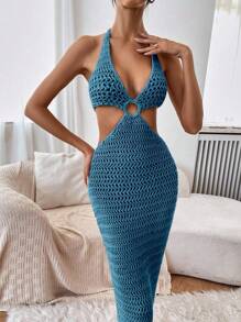 Breezaya 女式纯色短款钩针毛衣裙 - 水鴨藍 - 查看 4