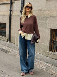 Elyressa Women's Contrast Color Lapel Drop Shoulder Long Sleeve Loose Casual T-Shirt - Khaki - View 3