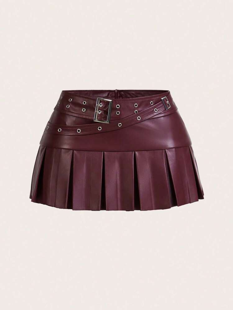SHEIN ICON Ceinture de taille avec boucle à œillet en métal décorative, jupe mi-longue plissée en PU - Rouge - Voir 1