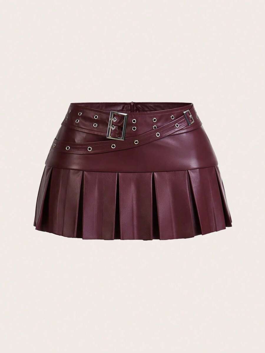 SHEIN ICON 腰带配孔眼金属装饰扣，PU 皮革褶皱中裙 - 紅色 - 查看 1