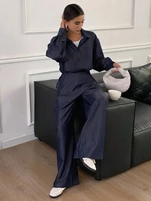 Livesso 女士休闲都市风宽松衬衫牛仔裤两件套，秋冬家居服套装 - 藏蓝色 - 查看 5