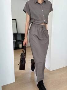 DAZY 女士商务休闲短袖衬衫半裙两件套，秋季款 - 灰色 - 查看 3