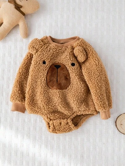 Cozy Pixies Pelele de manga larga con cuello redondo de punto suave con estampado de oso de dibujos animados para bebé niño, pelele de bebé oso, conjunto de ropa de bebé oso de peluche, ropa de bebé marrón, ropa de bebé moca, pelele de bebé de borreguito para otoño e invierno