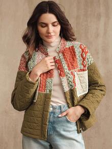 Anewsta 女士秋冬时尚印花拼布夹棉军绿色长袖夹棉大衣 - 軍綠色 - 查看 11