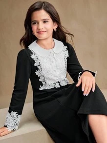 Tween Girls' Colorblock Patchwork Long Sleeve Dress Wedding, Party,Prom, Birthday,Halloween,Graduation - Black and White - View 5