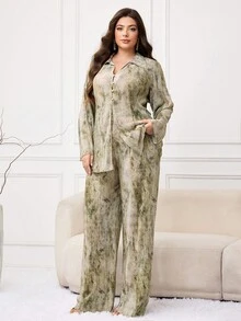 Veilorie Conjunto de camisa casual de manga larga y pantalones de estilo árabe con estampado de color contrastante para mujer de talla grande