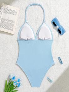 SHEIN Traje de baño de una pieza para adolescentes, bañador con rayas azules con decoración de estrella de mar y concha, con tirantes ajustables - Azul - Ver 2