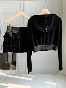 Comfortcana Bộ 2 món áo nỉ trùm đầu tay dài màu trơn có khóa kéo phía trước và chân váy midi dáng bánh thường ngày cho nữ - màu đen - Xem 2