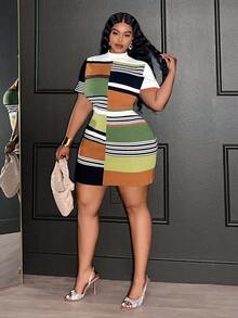 Slaydiva 大码女式立领条纹短袖修身针织连衣裙，适合秋冬季穿着，条纹连衣裙，凸显曲线，修身大码，适合秋冬季穿着。 - 彩色 - 查看 15