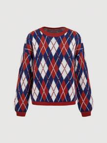 Skyraze Argyle Pattern Drop Shoulder Sweater In Fall/Winter