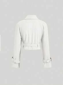 SHEIN MOD 女式白色短款休闲宽松夹克（配腰带）、秋季外套、秋季大衣、秋装、巡航女装、返校装 - 白色 - 查看 2