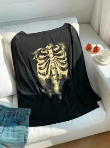 Comfortcana Áo thun nữ tay dài cổ tròn đơn giản, dáng rộng, thường ngày - màu đen - Xem 6