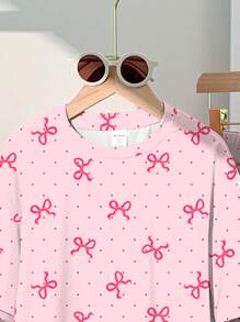 2 件套青少年女童休闲可爱甜美粉色波尔卡圆点和迷你蝴蝶结图案奶油粉色短袖上衣和裤子套装，适合夏季返校、节日服装、卡哇伊风格、女童服装套装、青少年女童服装、儿童服装、返校、返校节、校服、休闲、史迪奇 - 彩色 - 查看 4