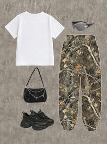 SHEIN 2 件套年轻女孩休闲简约时尚叶子和蝴蝶结装饰短袖圆领 T 恤和工装裤，适合夏季 - 彩色 - 查看 2