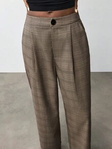 Maija 棕色格子女式休闲裤，现代褶皱宽松格子西装女式格子西装格子西装套装女式西装套装粗花呢西装，秋季女装，万圣节 - 棕色 - 查看 2