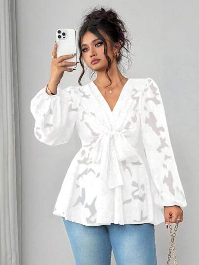 Elenzga Plus Size Women's V-Neck Semi-Sheer Long Sleeve Criss-Cross Bowknot Waist Elegant Blouse, Going Out Tops Fall Cloth For Women