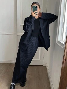 DAZY 2 件套女士商务休闲条纹翻领夹克和裙子套装，秋季 - 藏蓝色 - 查看 3