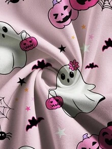 PopScrub Women's Pink Summer Maid Work V-Neck Short Sleeve Double Pocket Cute Ghost,Pumpkin,Spider Print Nurse Doctor Health Check Pet Grooming Uniform Top - Pink - View 5