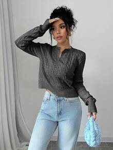 EURMUSE 女士纯色简约短款长袖毛衣，日常穿着 - 深灰色 - 查看 5