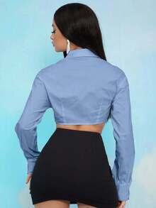 EURMUSE Áo sơ mi dài tay cài nút màu trơn đơn giản dành cho nữ - Màu xanh nhạt - Xem 2