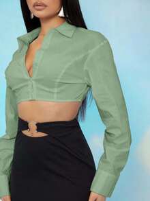 EURMUSE Áo sơ mi nữ tay dài đơn giản, tối giản, màu trơn - Màu xanh chanh - Xem 4