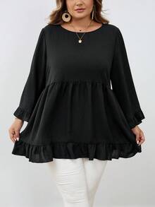 SHEIN CURVE+ 加大码纯色荷叶边下摆套头衫，适合女士休闲外出秋季服装、冬季服装、CURVE PLUS - 黑色 - 查看 2