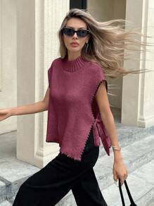 Serisse Áo vest dệt kim dáng rộng cổ đứng viền hoa buộc bên hông dành cho nữ vào mùa thu/đông - Đỏ - Xem 6