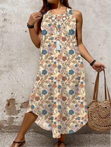 EMERY ROSE Plus Size Women Floral Print Sleeveless Casual Dress With Side Slit Hem - Multicolor - View 3