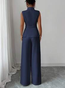 Elenzga Women's Elegant Office Commute Afternoon Tea Party Outfit, Collared Asymmetric Hem Sleeveless Blazer Jacket With Metal Waist Buckle Decor, Paired With Elastic Waist Trousers, 2 Pieces Suit Set, Spring/Summer