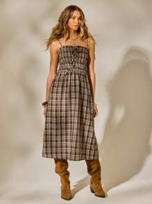 Aralina 夏季秋季冬季西部格子金汉褶皱迷你连衣裙乡村音乐会服装 - 彩色 - 查看 1