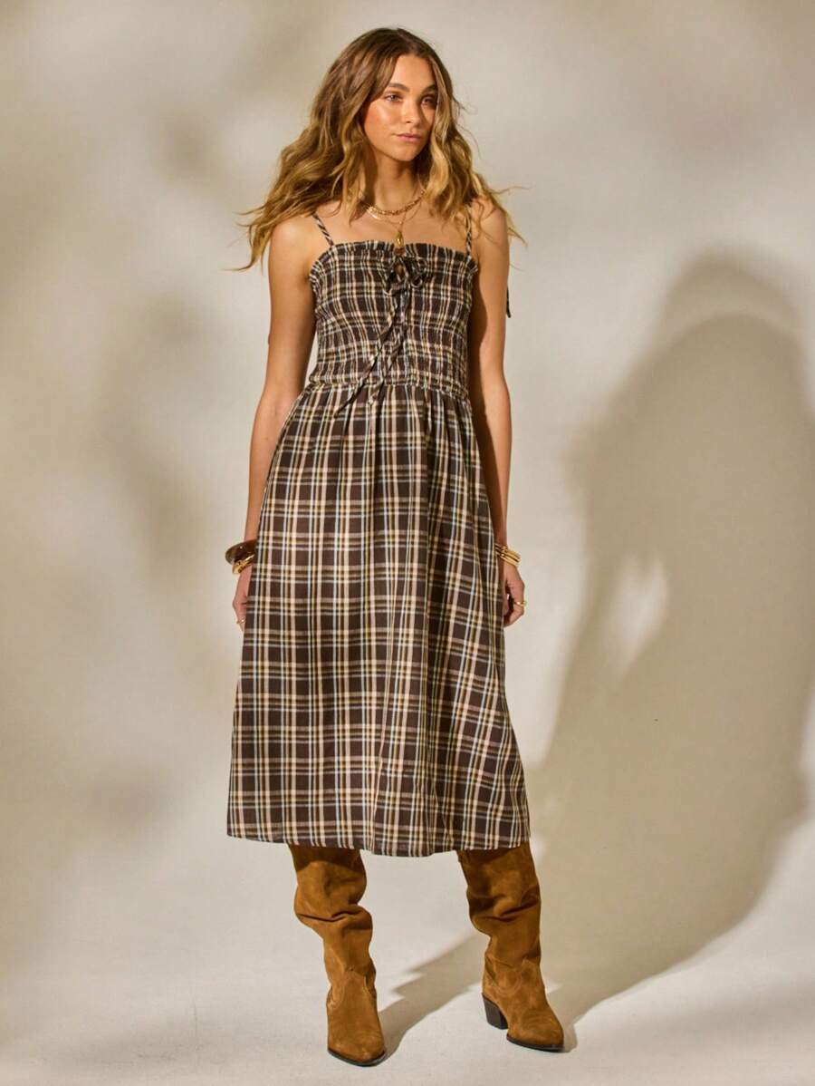 Aralina 夏季秋季冬季西部格子金汉褶皱迷你连衣裙乡村音乐会服装 - 彩色 - 查看 1