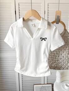 SHEIN Leap Crew Tricou polo cu mânecă scurtă, croit, culoare solidă, casual, cu fluture, pentru fete preadolescente - alb - Vizualizare 3